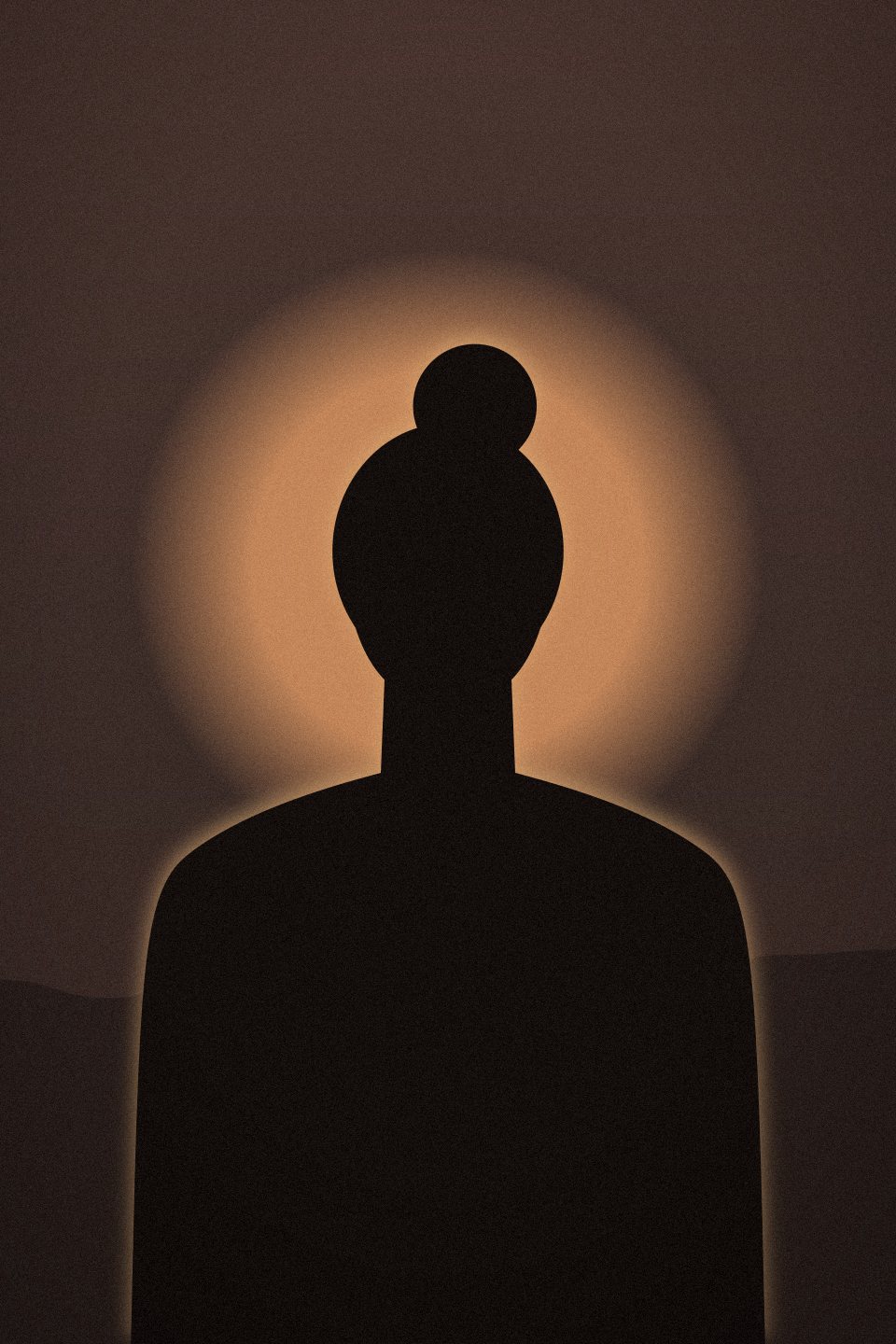 Placeholder portrait: a silhouette with a hair bun against a glowing sun on deep canyon brown