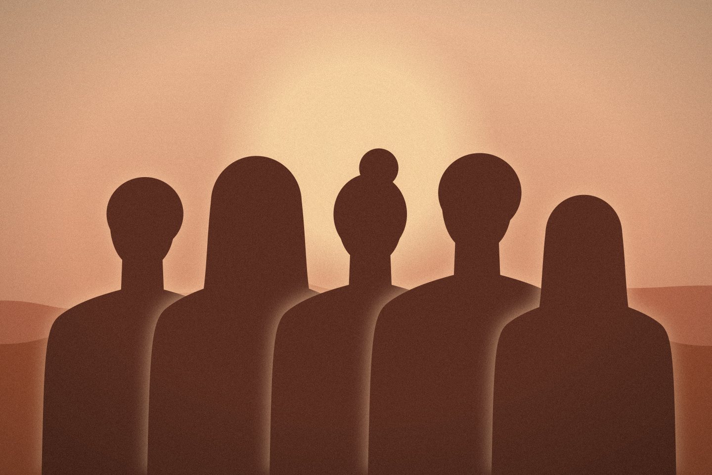 Placeholder portrait: a group of five friends silhouetted on a terracotta desert evening
