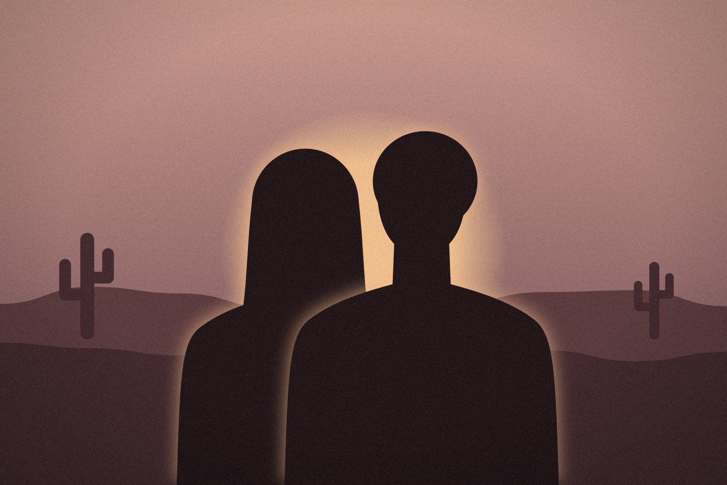 Placeholder portrait: a couple side by side at dusk between two saguaros