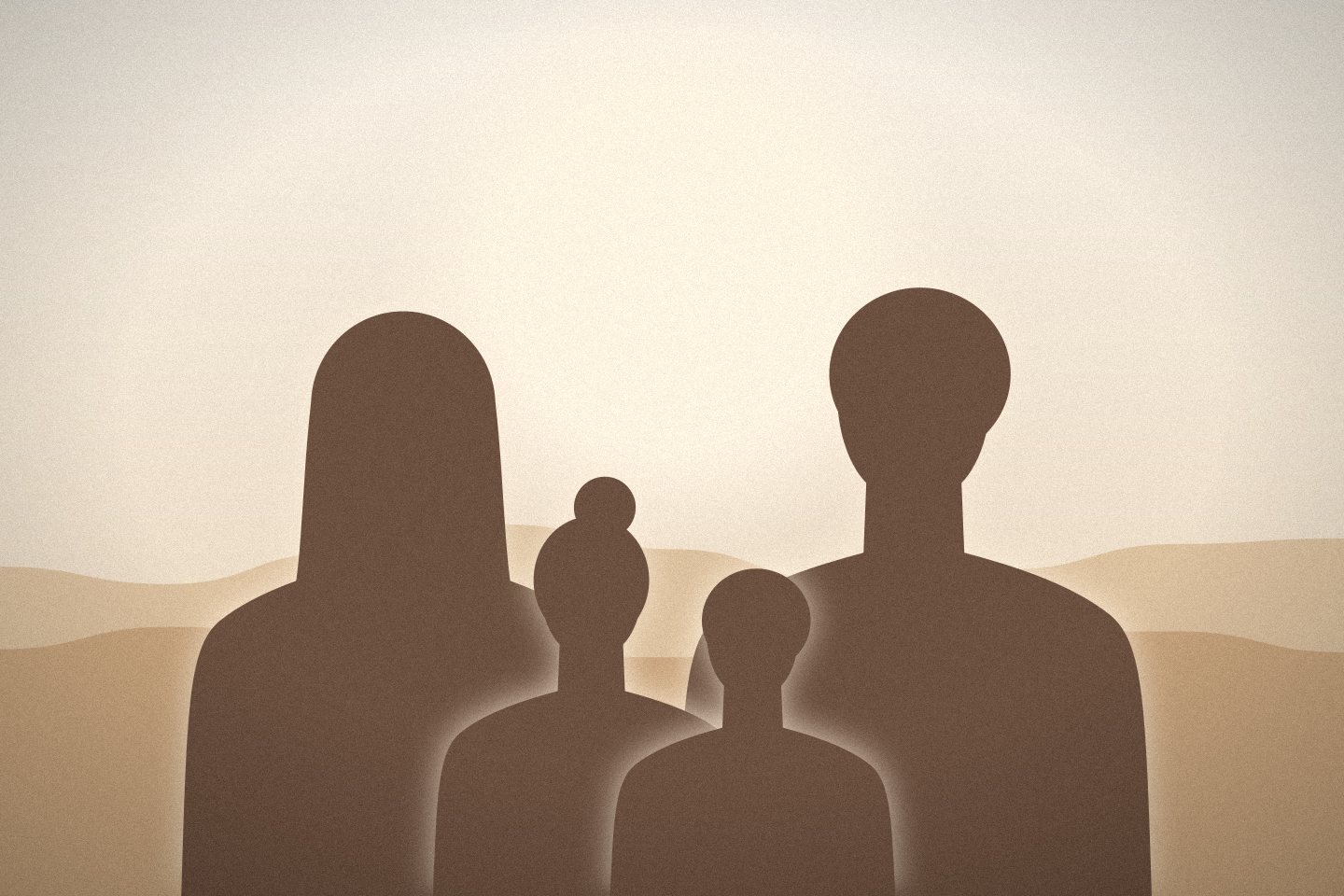 Placeholder portrait: a family of four silhouetted over soft sand-coloured dunes