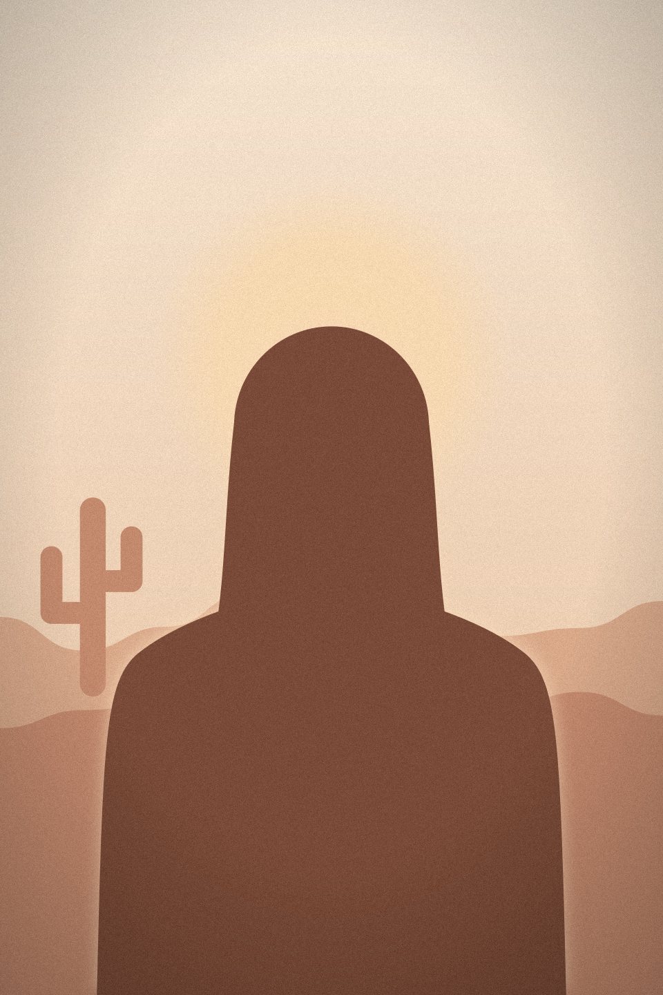 Placeholder portrait: a woman with long hair silhouetted against a golden desert sunrise