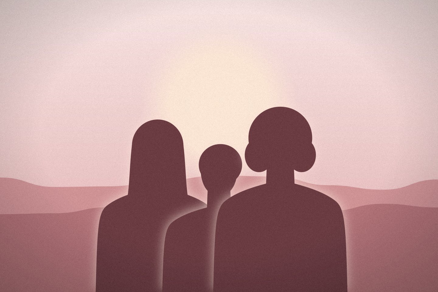 Placeholder portrait: three siblings silhouetted against a rose-coloured horizon