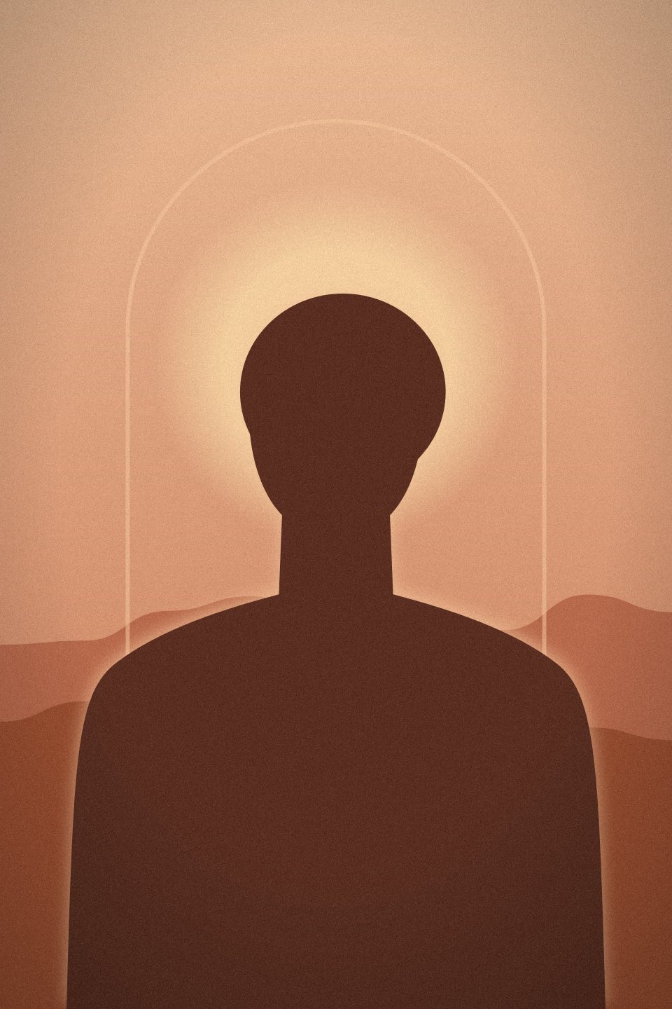 Placeholder portrait: a head-and-shoulders silhouette framed by an arch on terracotta