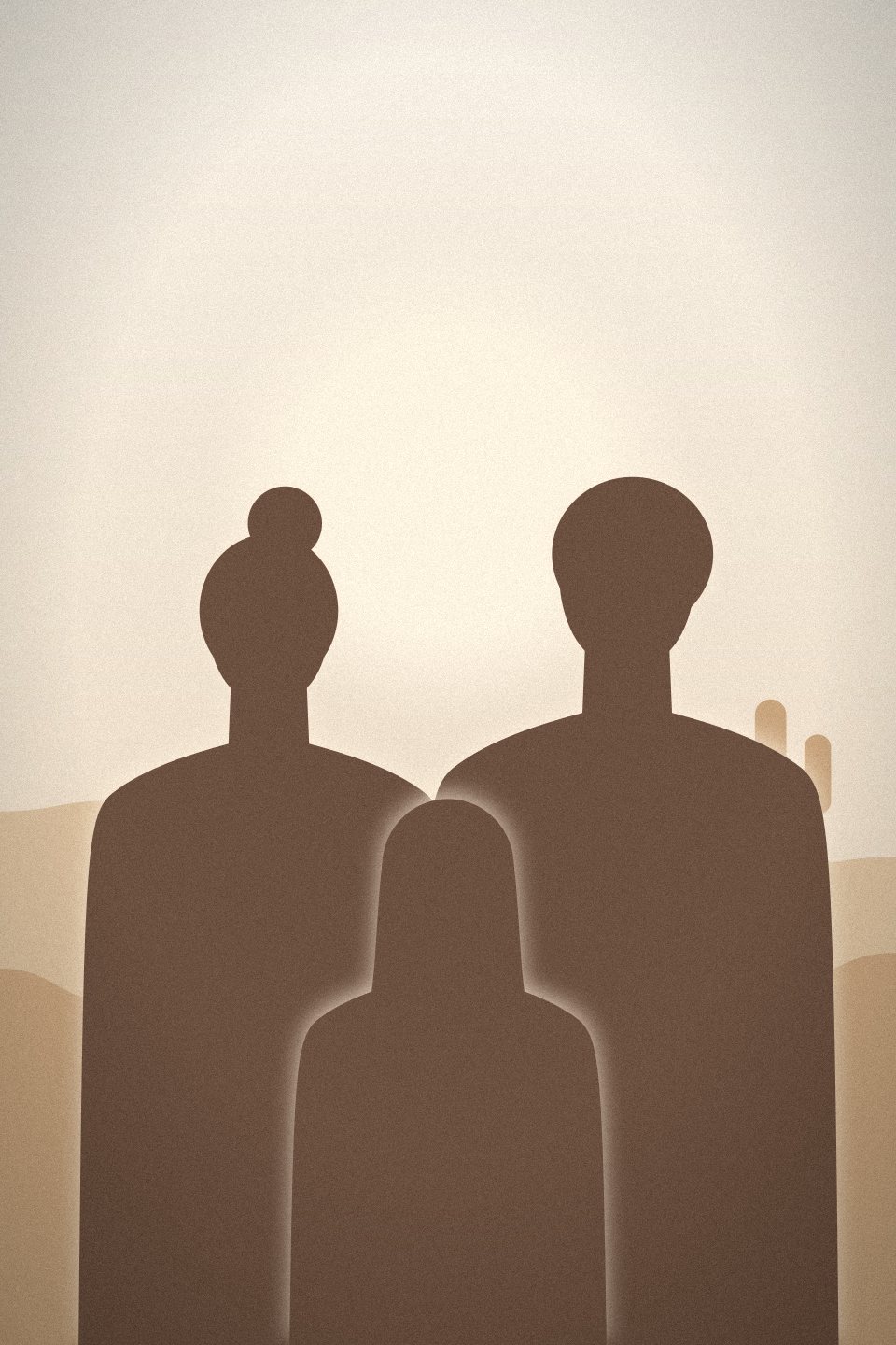 Placeholder portrait: three generations of a family together in warm sand tones